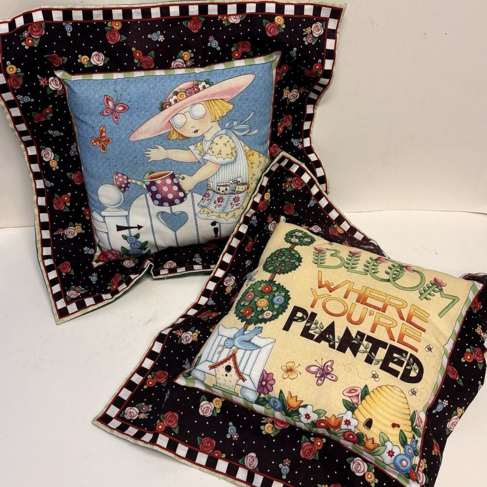 Vintage Mary Engelbreit 2 Throw Pillows Bloom Where You’re Planted 16” Square